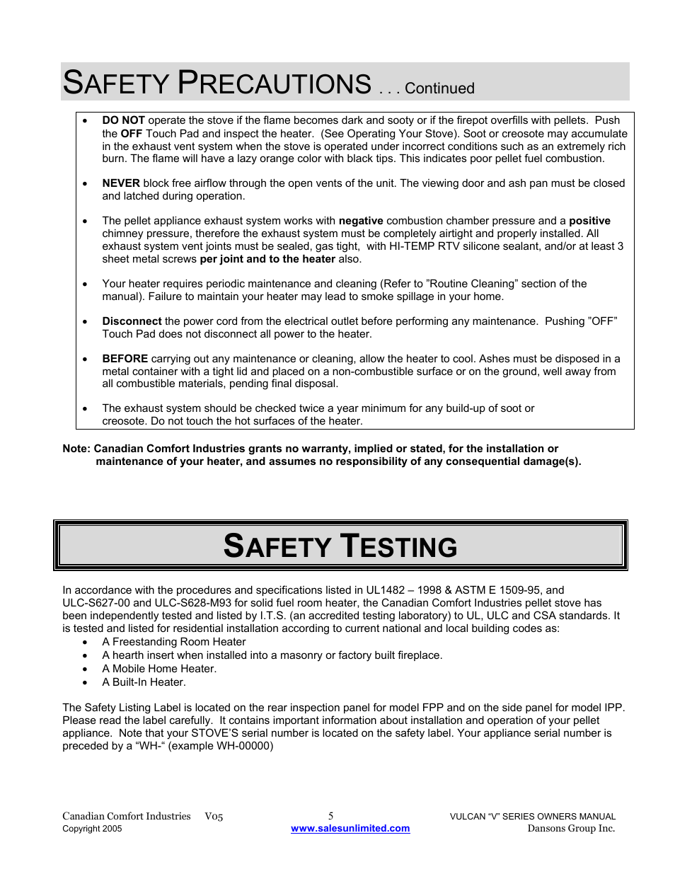 Afety, Recautions, Esting | Dansons V-50 User Manual | Page 5 / 40