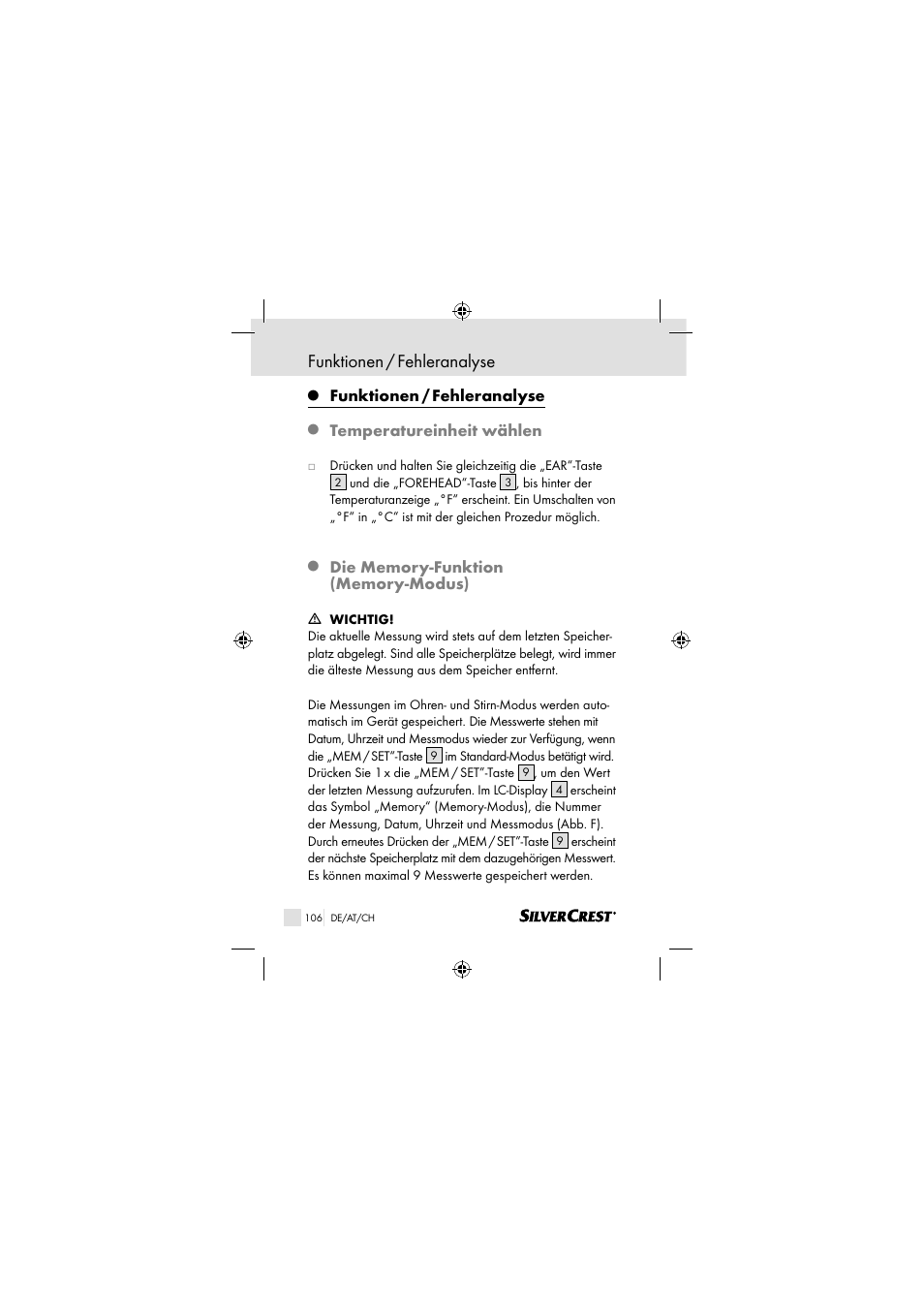 Funktionen / fehleranalyse, Temperatureinheit wählen | Silvercrest SSOT 6 B2 User Manual | Page 106 / 117