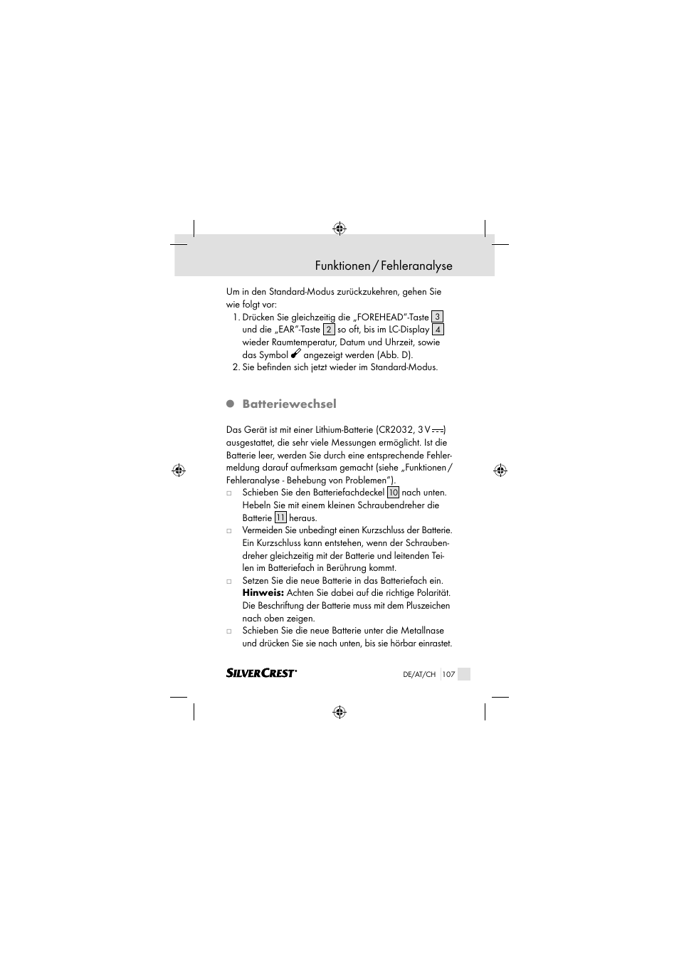 Funktionen / fehleranalyse, Batteriewechsel | Silvercrest SSOT 6 B2 User Manual | Page 107 / 117