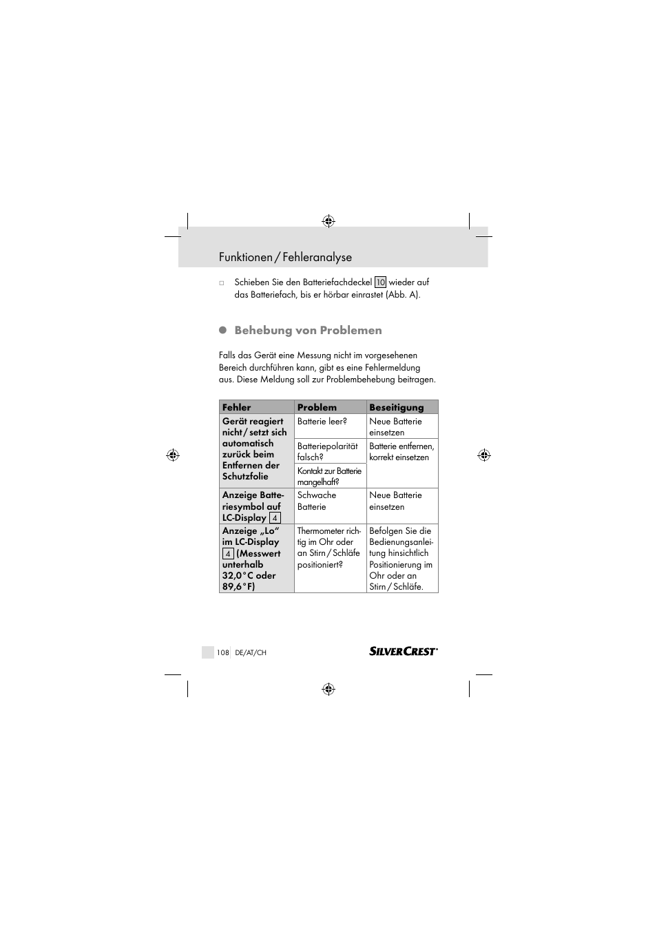 Funktionen / fehleranalyse, Behebung von problemen | Silvercrest SSOT 6 B2 User Manual | Page 108 / 117