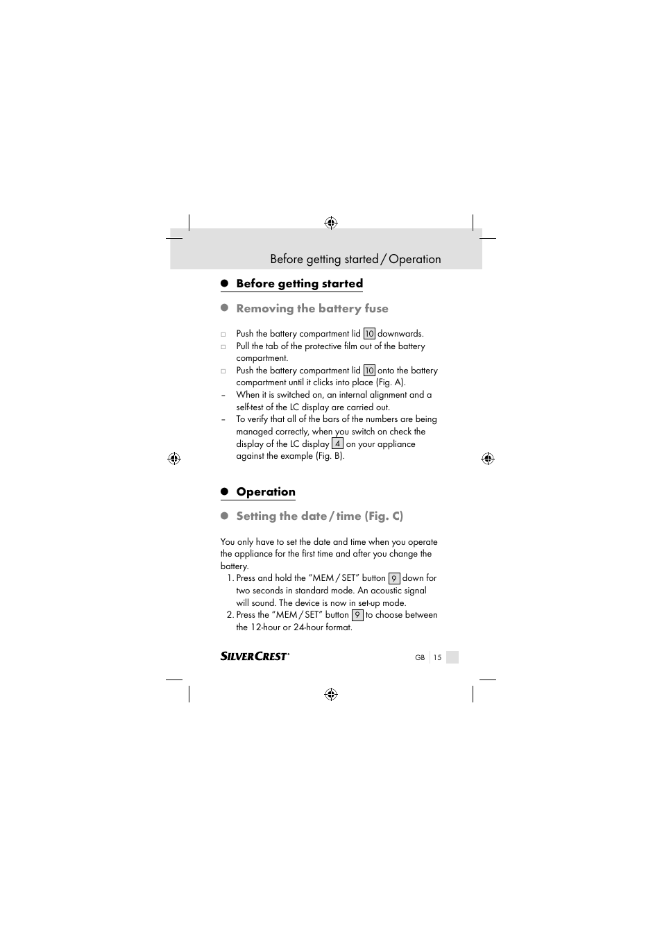 Before getting started / operation, Before getting started, Removing the battery fuse | Operation, Setting the date / time (fig. c) | Silvercrest SSOT 6 B2 User Manual | Page 15 / 117