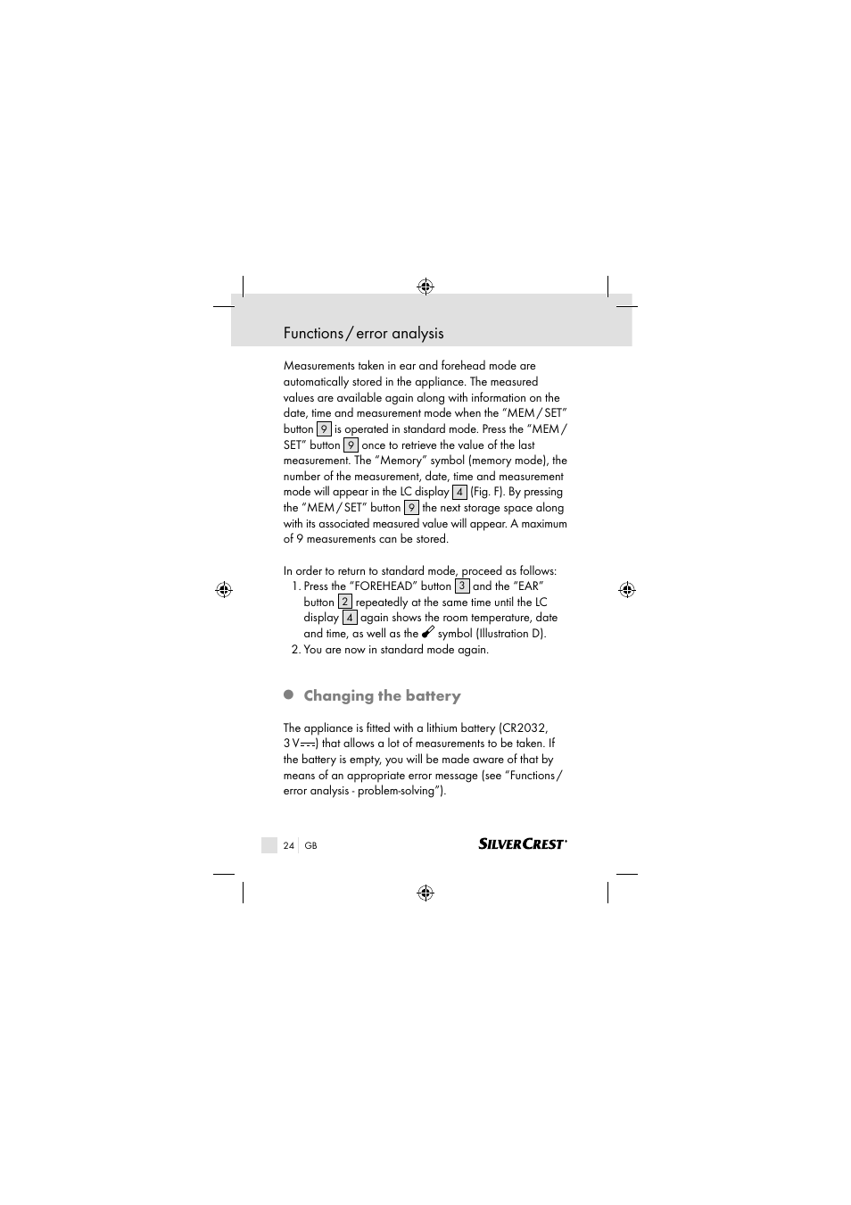 Functions / error analysis, Changing the battery | Silvercrest SSOT 6 B2 User Manual | Page 24 / 117