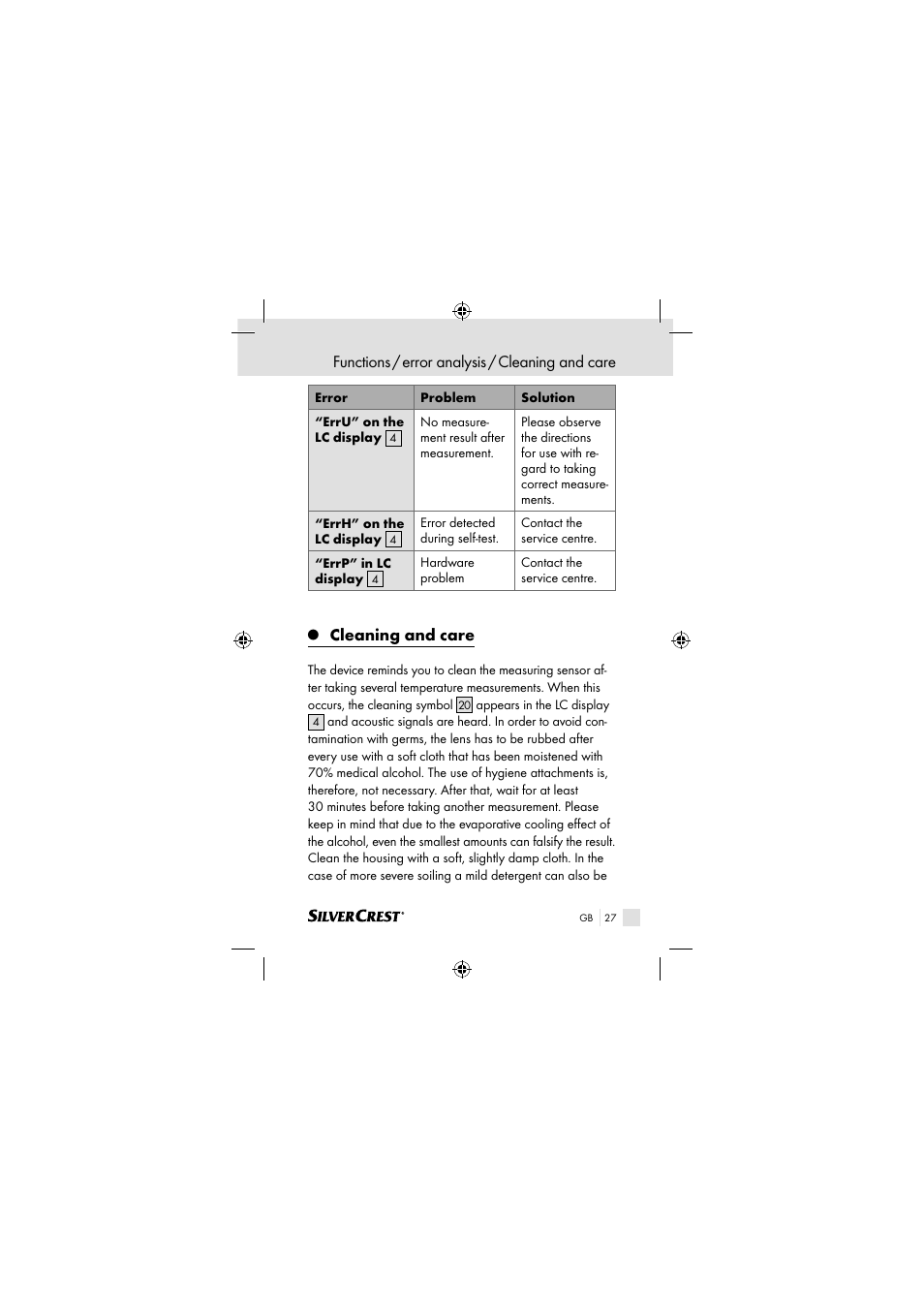 Functions / error analysis / cleaning and care, Cleaning and care | Silvercrest SSOT 6 B2 User Manual | Page 27 / 117