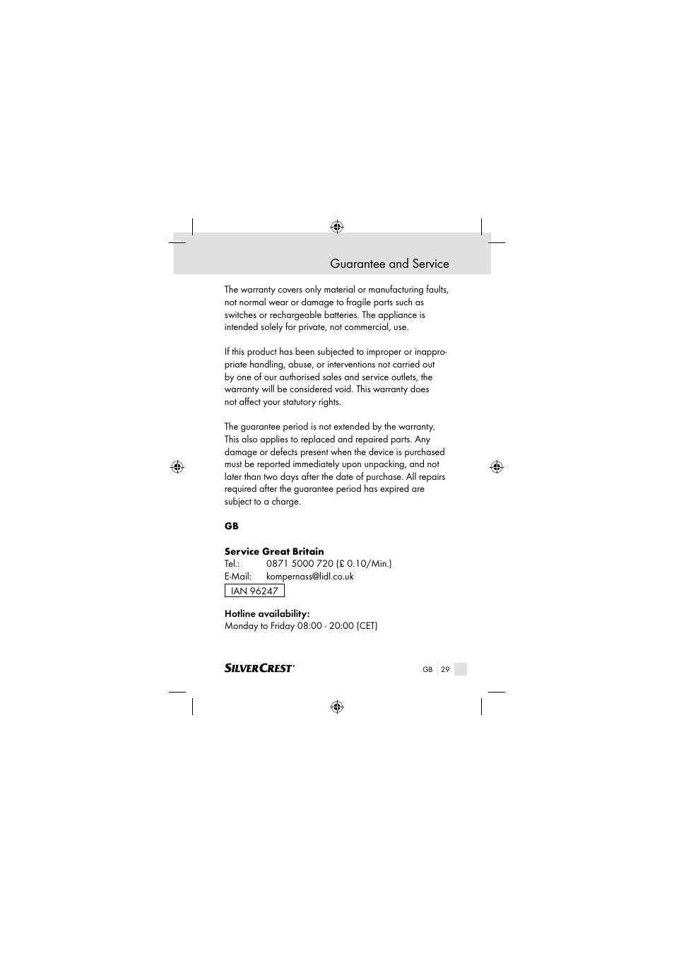 Guarantee and service | Silvercrest SSOT 6 B2 User Manual | Page 29 / 117
