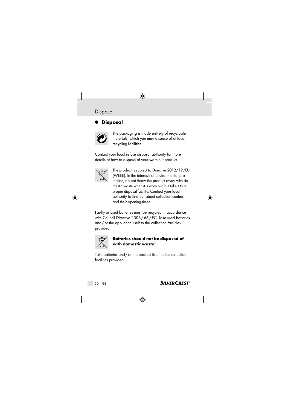Disposal | Silvercrest SSOT 6 B2 User Manual | Page 30 / 117