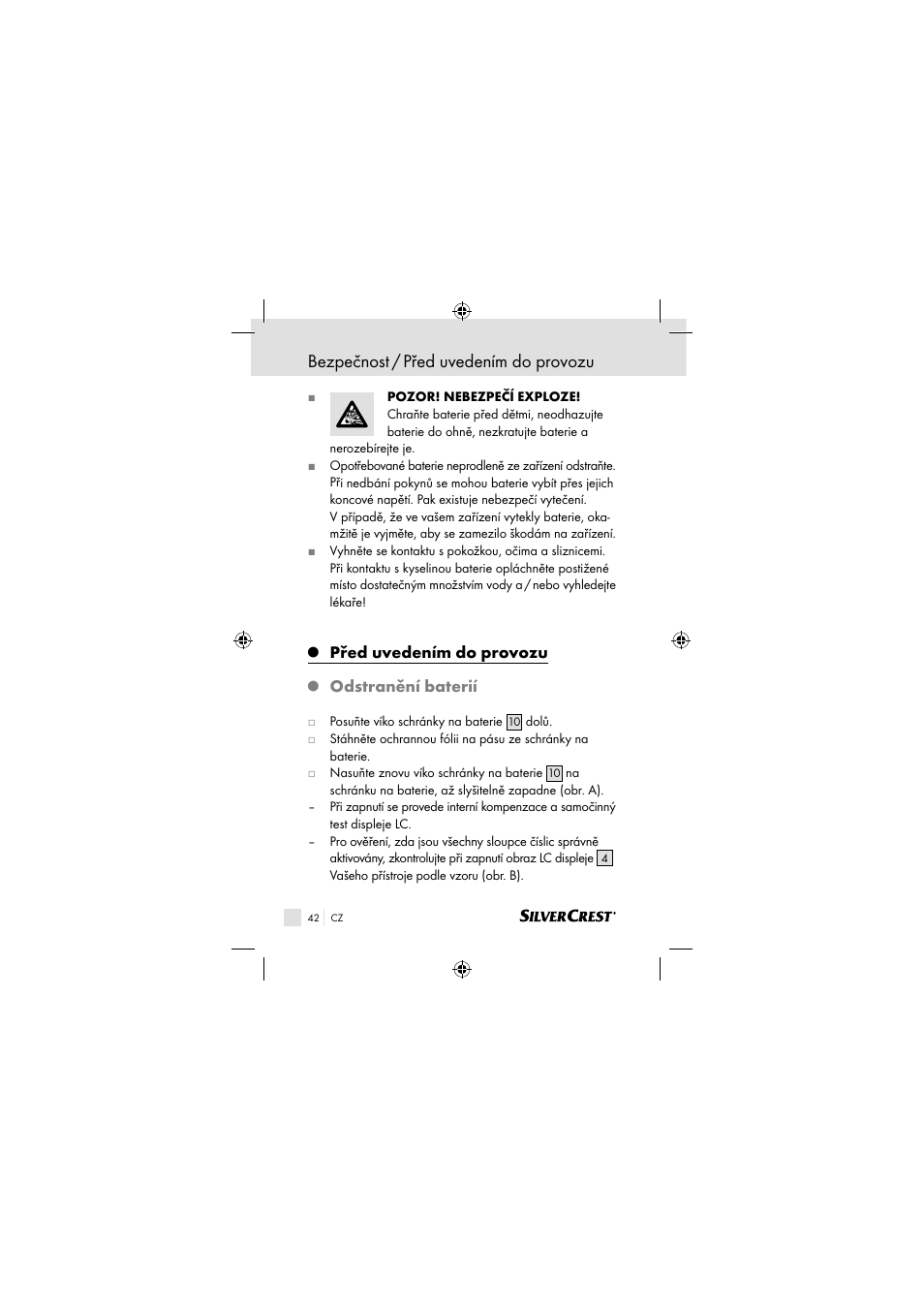 Bezpečnost / před uvedením do provozu, Před uvedením do provozu, Odstranění baterií | Silvercrest SSOT 6 B2 User Manual | Page 42 / 117
