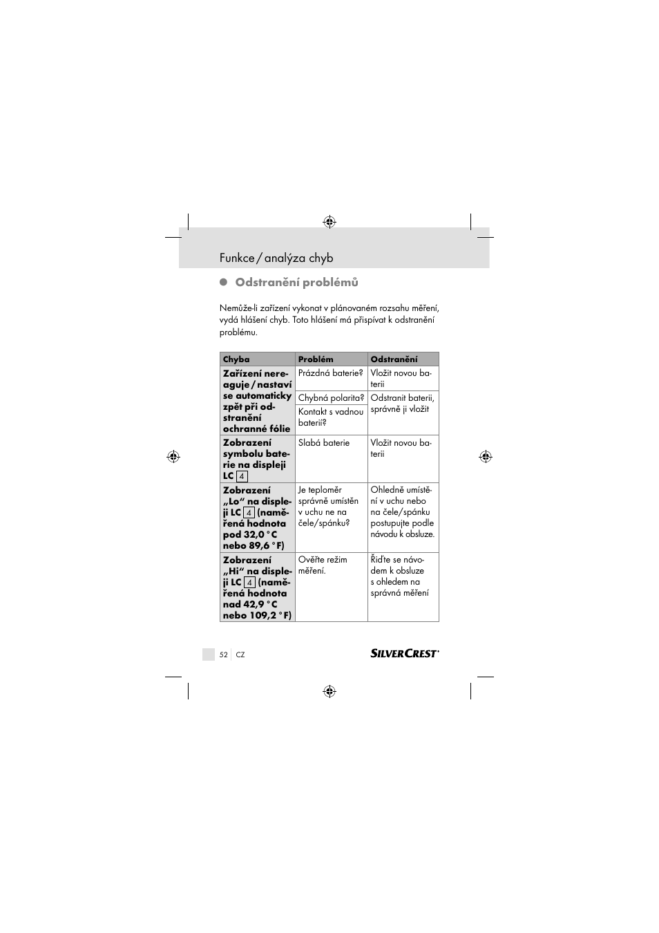 Funkce / analýza chyb, Odstranění problémů | Silvercrest SSOT 6 B2 User Manual | Page 52 / 117