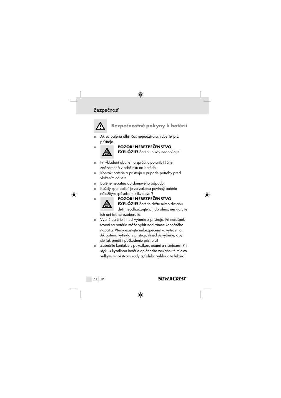 Bezpečnosť, Bezpečnostné pokyny k batérii | Silvercrest SSOT 6 B2 User Manual | Page 68 / 117