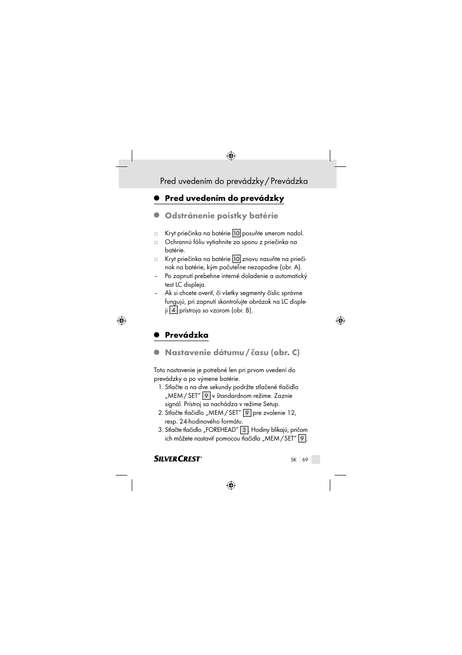 Pred uvedením do prevádzky / prevádzka, Pred uvedením do prevádzky, Odstránenie poistky batérie | Prevádzka, Nastavenie dátumu / času (obr. c) | Silvercrest SSOT 6 B2 User Manual | Page 69 / 117