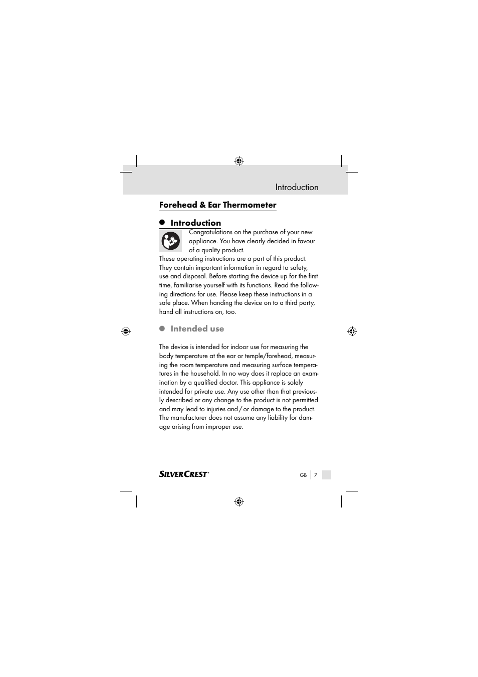Introduction, Forehead & ear thermometer, Intended use | Silvercrest SSOT 6 B2 User Manual | Page 7 / 117