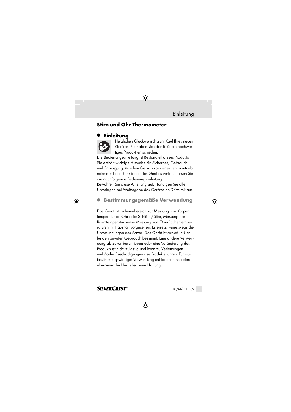 Einleitung, Stirn-und-ohr-thermometer, Bestimmungsgemäße verwendung | Silvercrest SSOT 6 B2 User Manual | Page 89 / 117