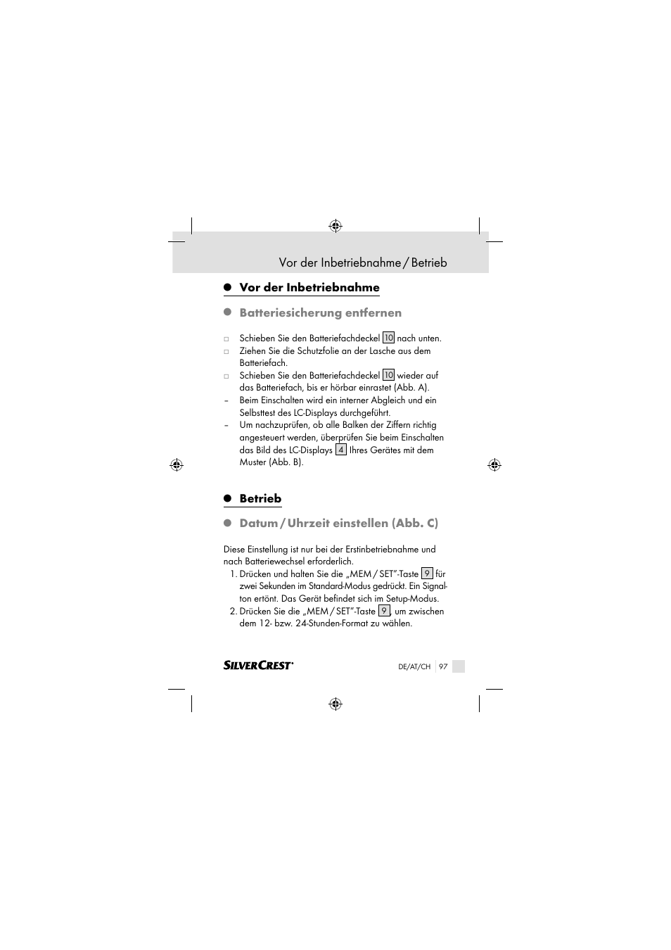 Vor der inbetriebnahme / betrieb, Vor der inbetriebnahme, Batteriesicherung entfernen | Betrieb, Datum / uhrzeit einstellen (abb. c) | Silvercrest SSOT 6 B2 User Manual | Page 97 / 117