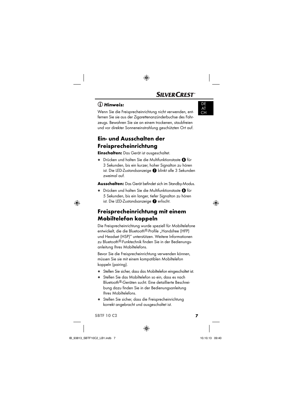 Ein- und ausschalten der freisprecheinrichtung, Hinweis | Silvercrest SBTF 10 C2 User Manual | Page 10 / 69