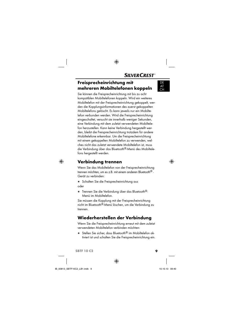 Verbindung trennen, Wiederherstellen der verbindung | Silvercrest SBTF 10 C2 User Manual | Page 12 / 69