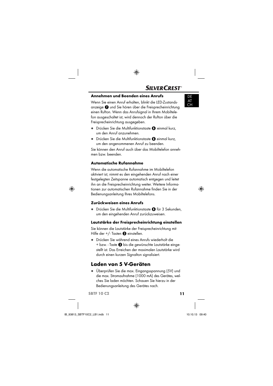 Laden von 5 v-geräten | Silvercrest SBTF 10 C2 User Manual | Page 14 / 69