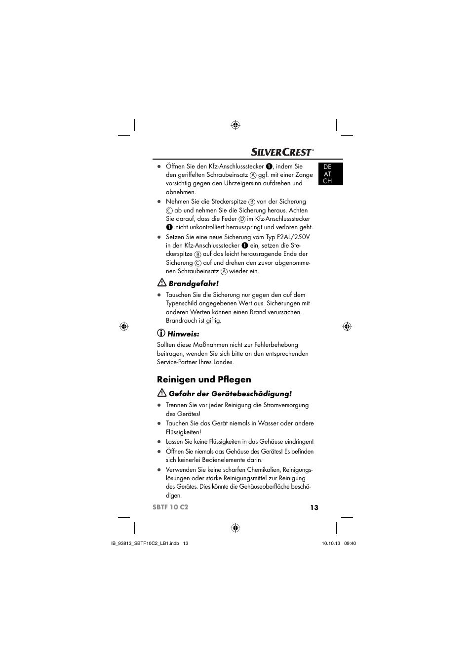 Reinigen und pﬂ egen, Brandgefahr, Hinweis | Gefahr der gerätebeschädigung | Silvercrest SBTF 10 C2 User Manual | Page 16 / 69