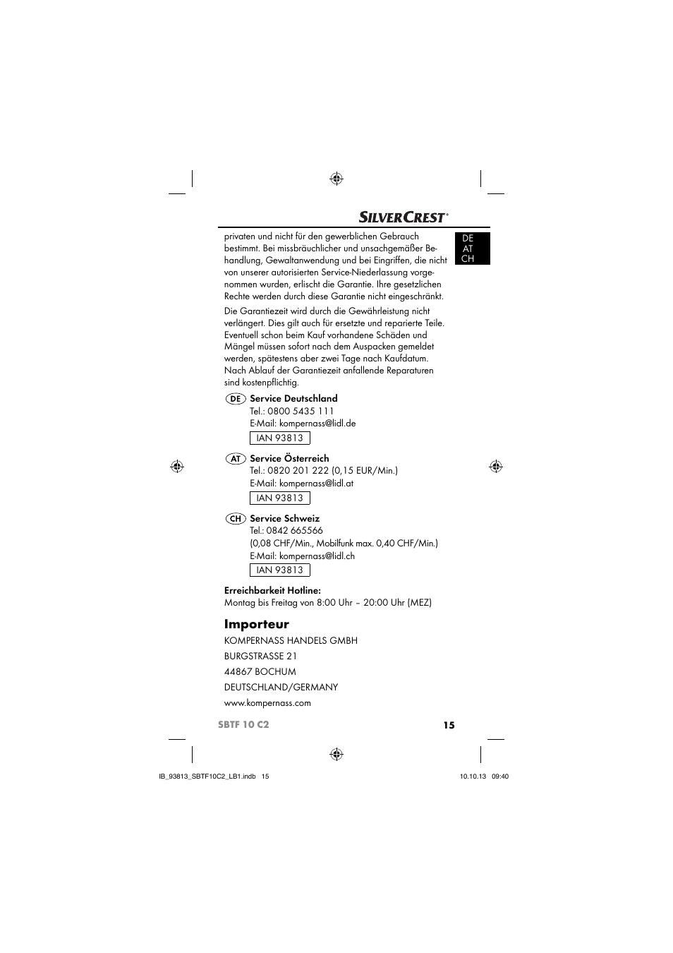 Importeur | Silvercrest SBTF 10 C2 User Manual | Page 18 / 69