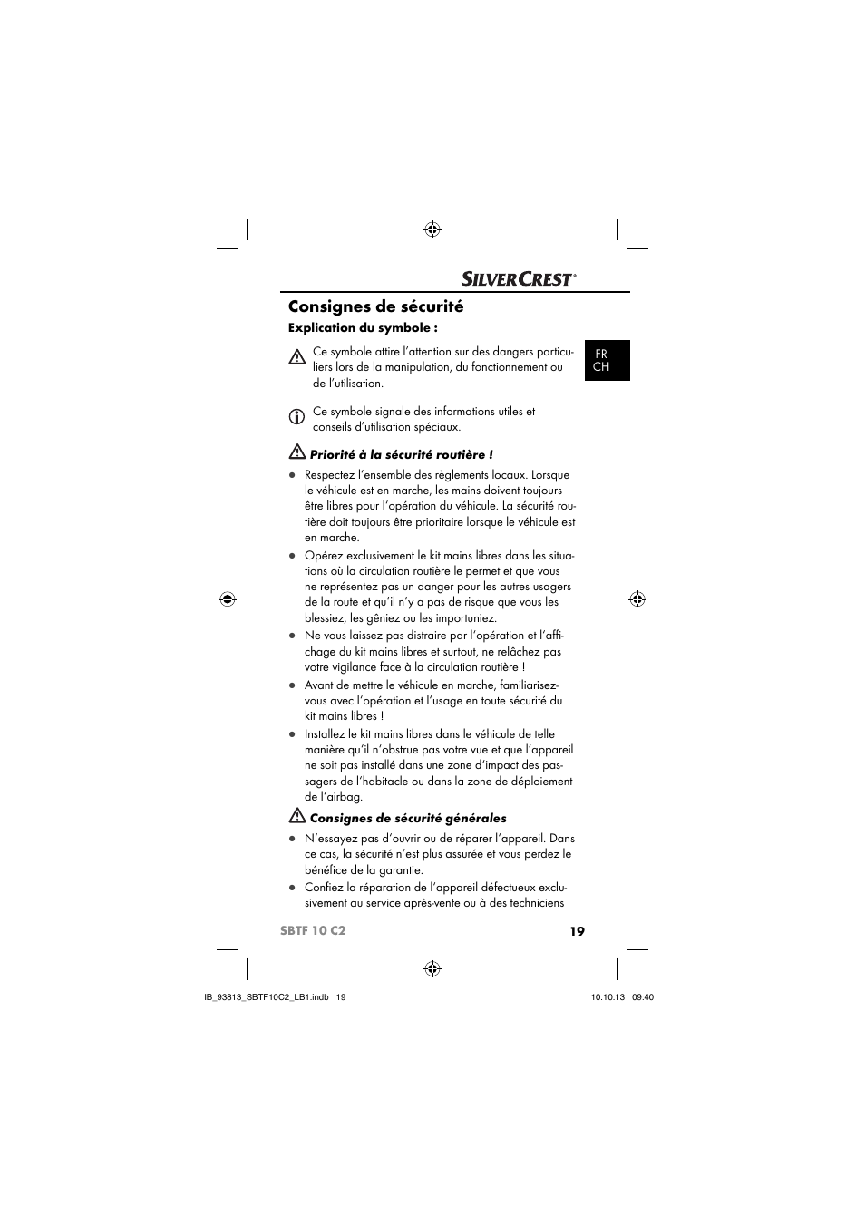 Consignes de sécurité | Silvercrest SBTF 10 C2 User Manual | Page 22 / 69