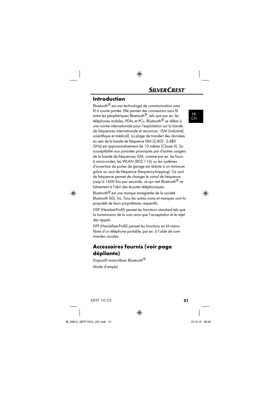 Introduction, Accessoires fournis (voir page dépliante) | Silvercrest SBTF 10 C2 User Manual | Page 24 / 69