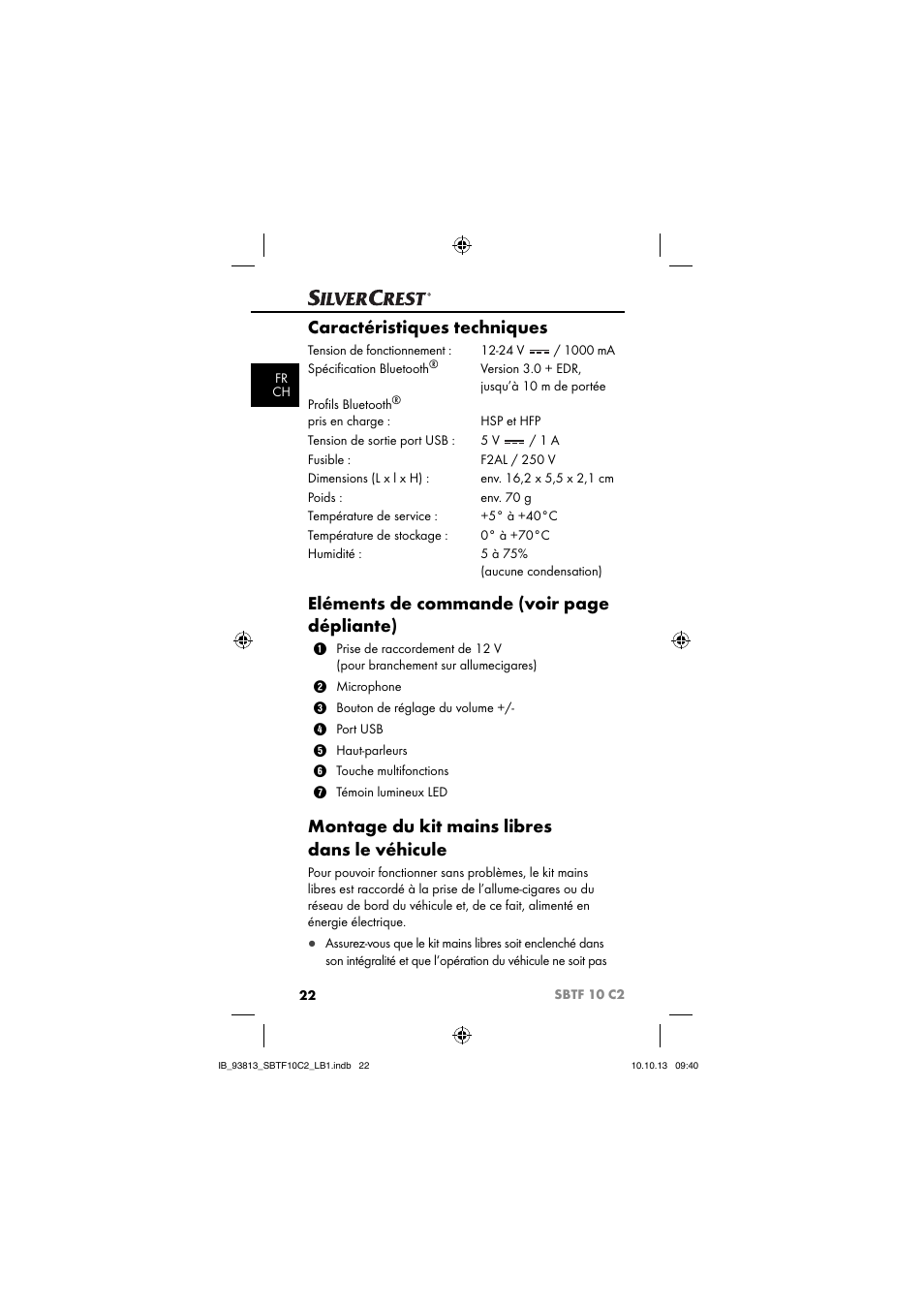 Caractéristiques techniques, Eléments de commande (voir page dépliante), Montage du kit mains libres dans le véhicule | Silvercrest SBTF 10 C2 User Manual | Page 25 / 69