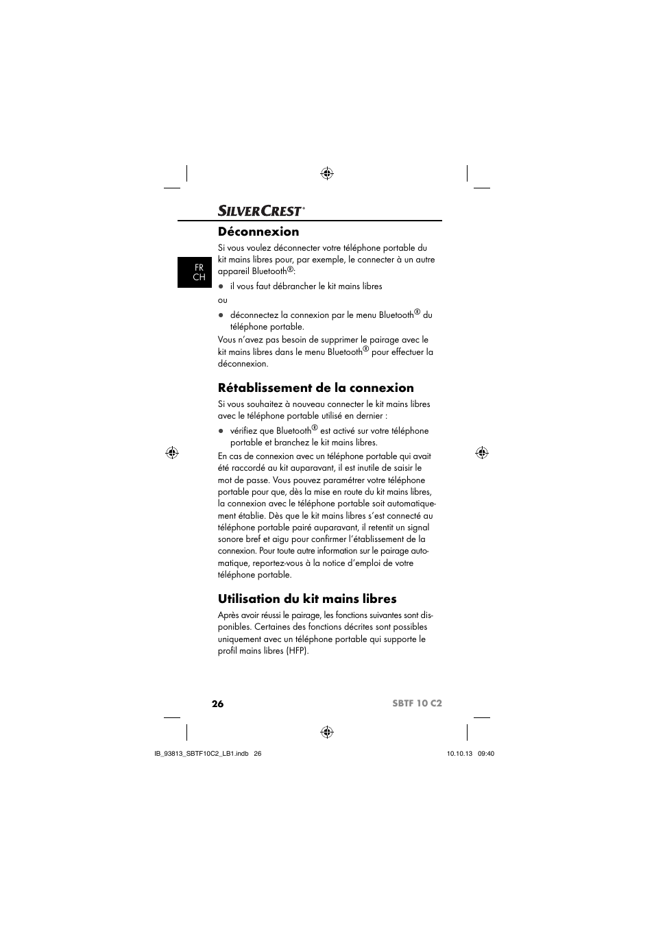 Déconnexion, Rétablissement de la connexion, Utilisation du kit mains libres | Silvercrest SBTF 10 C2 User Manual | Page 29 / 69