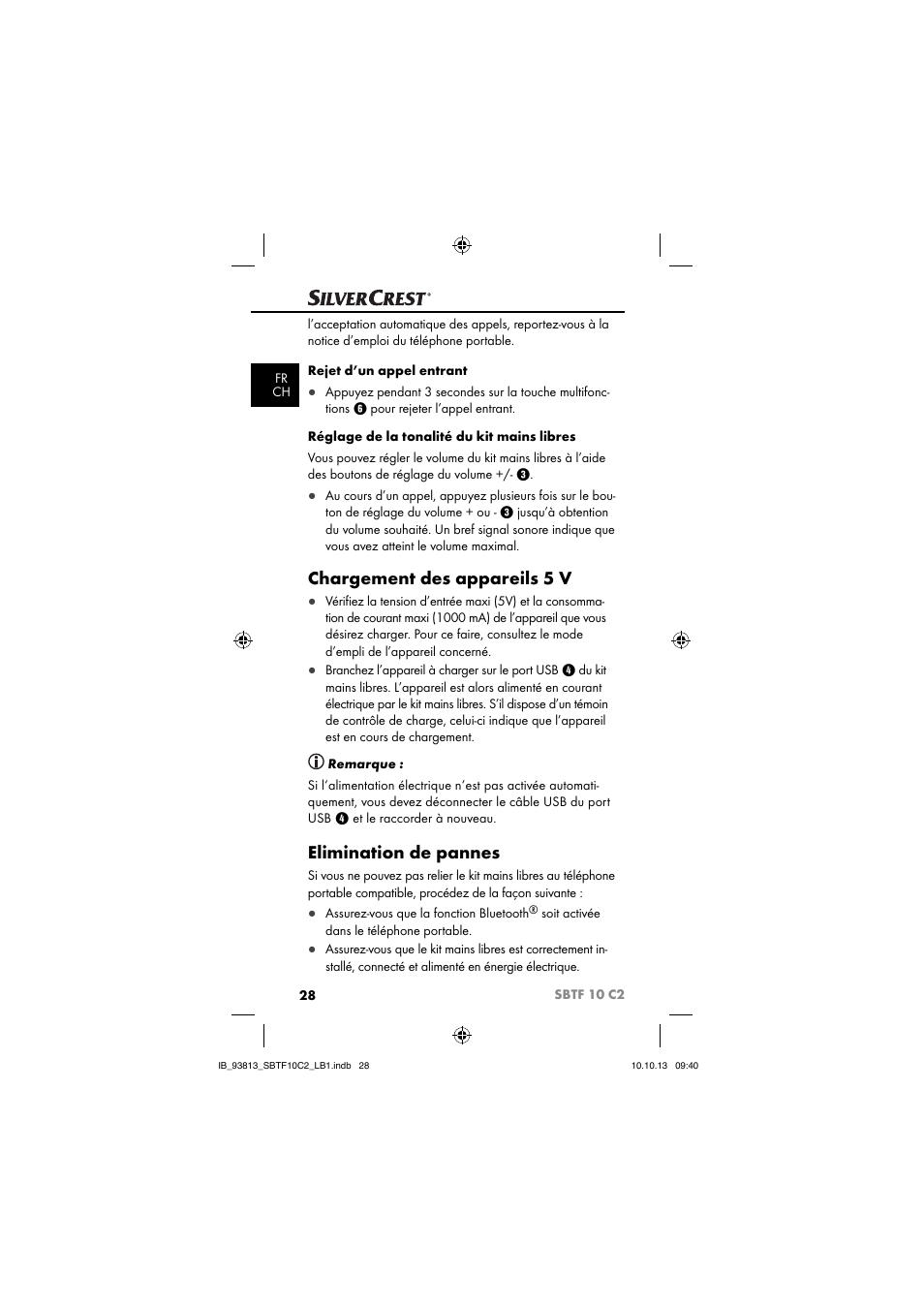 Chargement des appareils 5 v, Elimination de pannes | Silvercrest SBTF 10 C2 User Manual | Page 31 / 69
