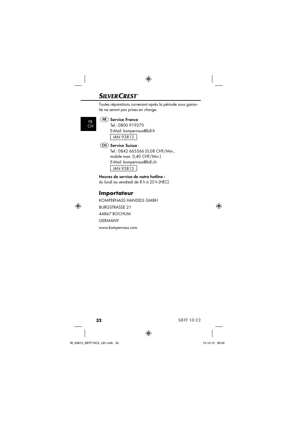 Importateur | Silvercrest SBTF 10 C2 User Manual | Page 35 / 69