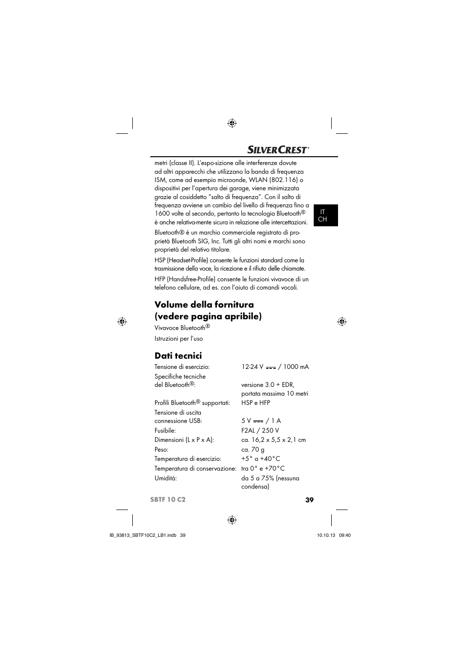 Volume della fornitura (vedere pagina apribile), Dati tecnici | Silvercrest SBTF 10 C2 User Manual | Page 42 / 69