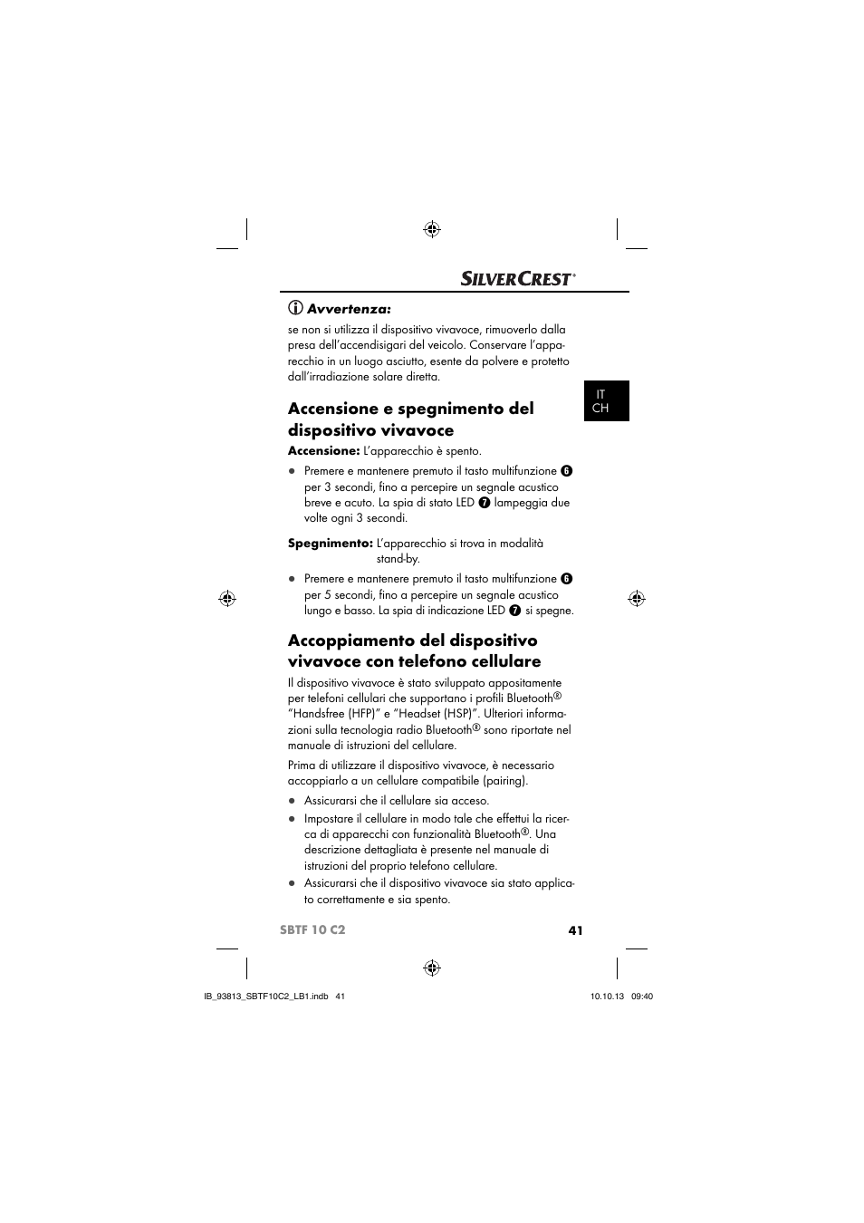 Accensione e spegnimento del dispositivo vivavoce, Avvertenza | Silvercrest SBTF 10 C2 User Manual | Page 44 / 69