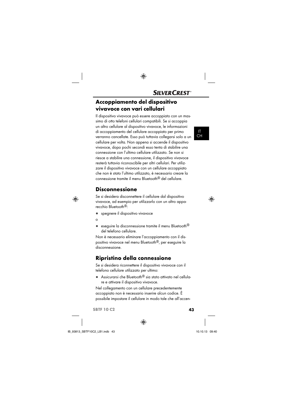 Disconnessione, Ripristino della connessione | Silvercrest SBTF 10 C2 User Manual | Page 46 / 69