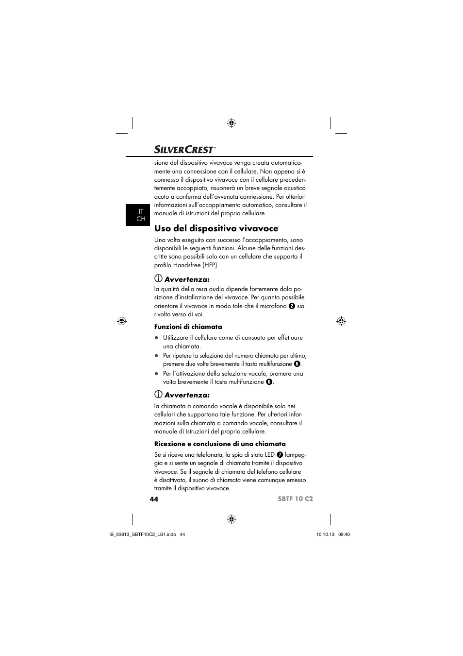 Uso del dispositivo vivavoce, Avvertenza | Silvercrest SBTF 10 C2 User Manual | Page 47 / 69