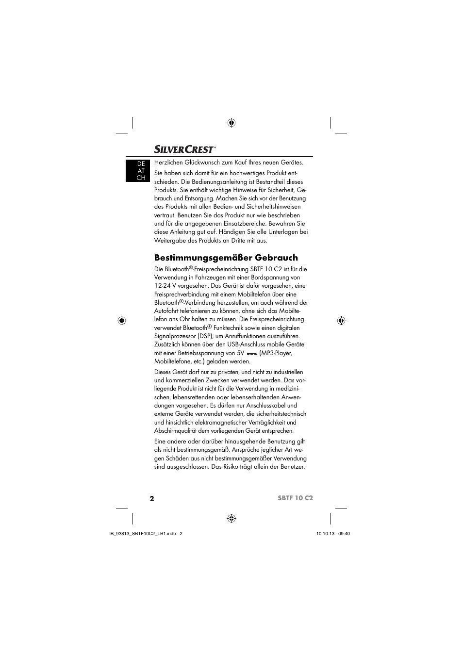 Bestimmungsgemäßer gebrauch | Silvercrest SBTF 10 C2 User Manual | Page 5 / 69