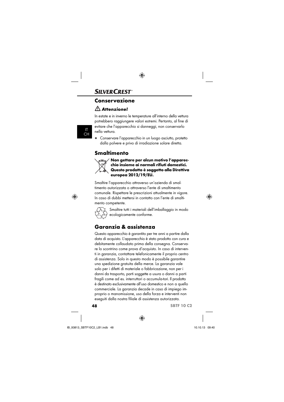 Conservazione, Smaltimento, Garanzia & assistenza | Silvercrest SBTF 10 C2 User Manual | Page 51 / 69