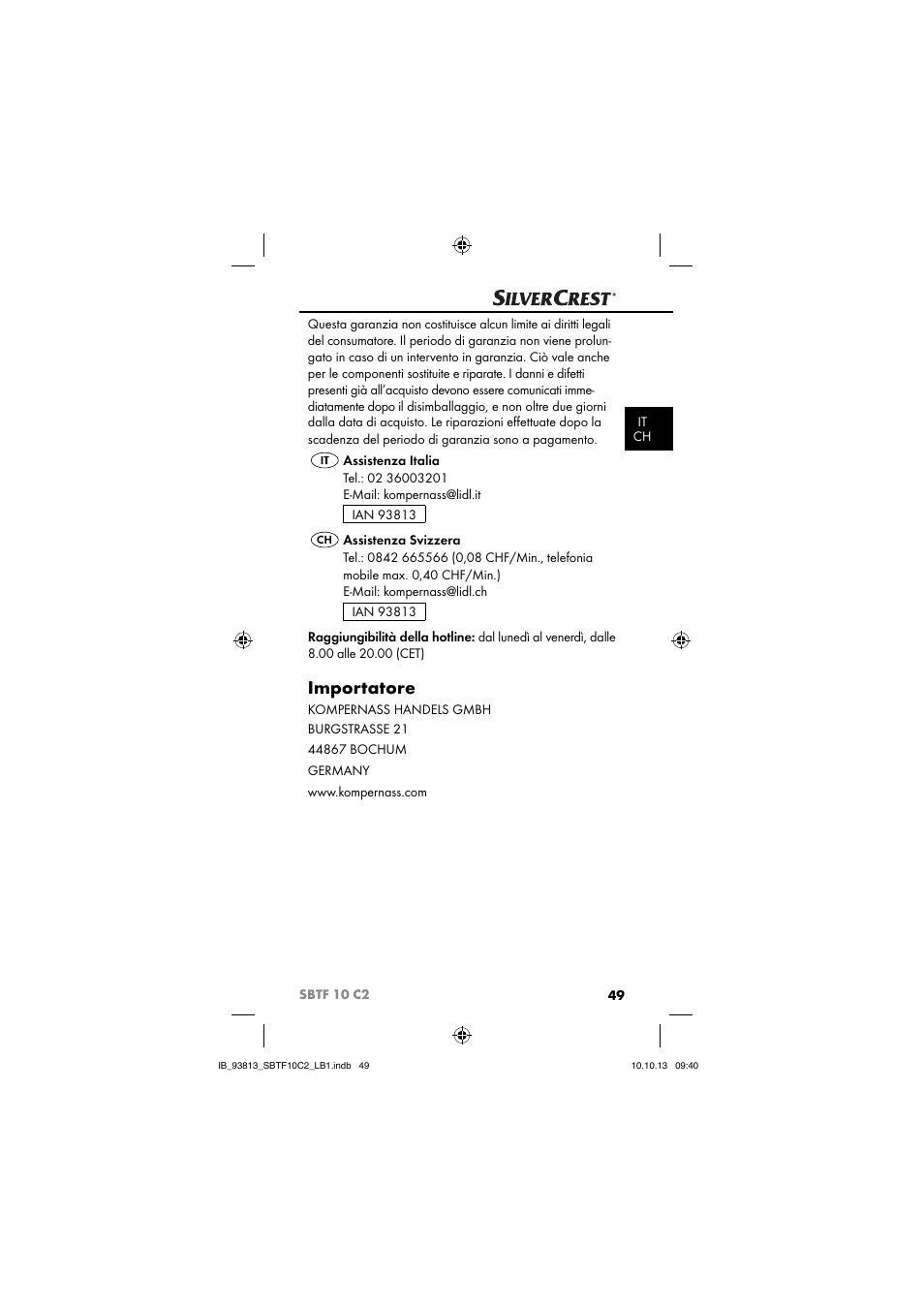 Importatore | Silvercrest SBTF 10 C2 User Manual | Page 52 / 69