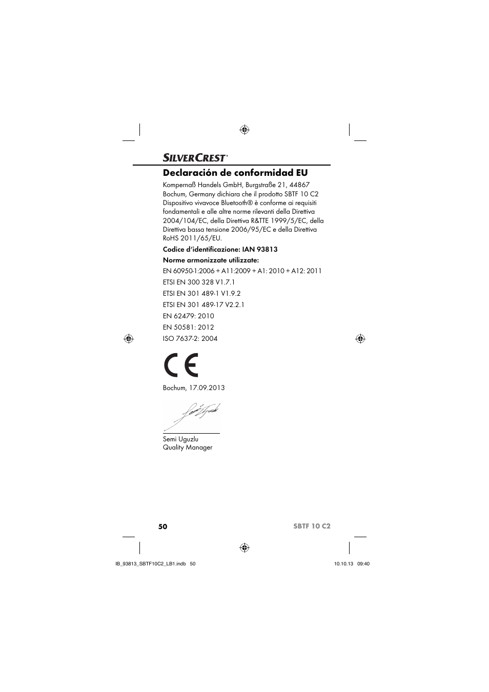 Declaración de conformidad eu | Silvercrest SBTF 10 C2 User Manual | Page 53 / 69