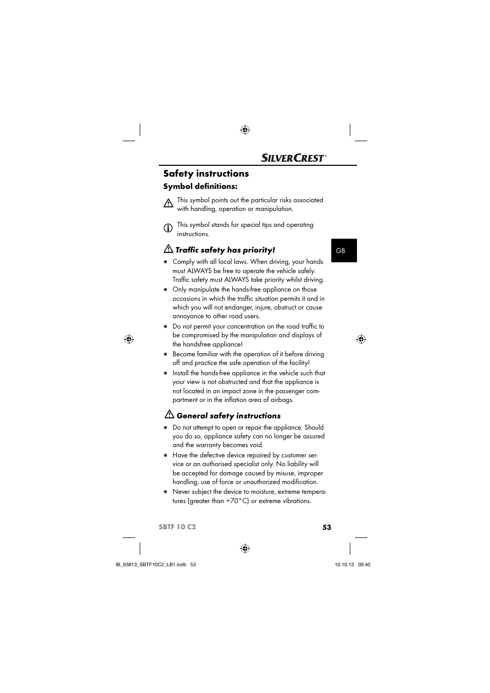 Safety instructions | Silvercrest SBTF 10 C2 User Manual | Page 56 / 69