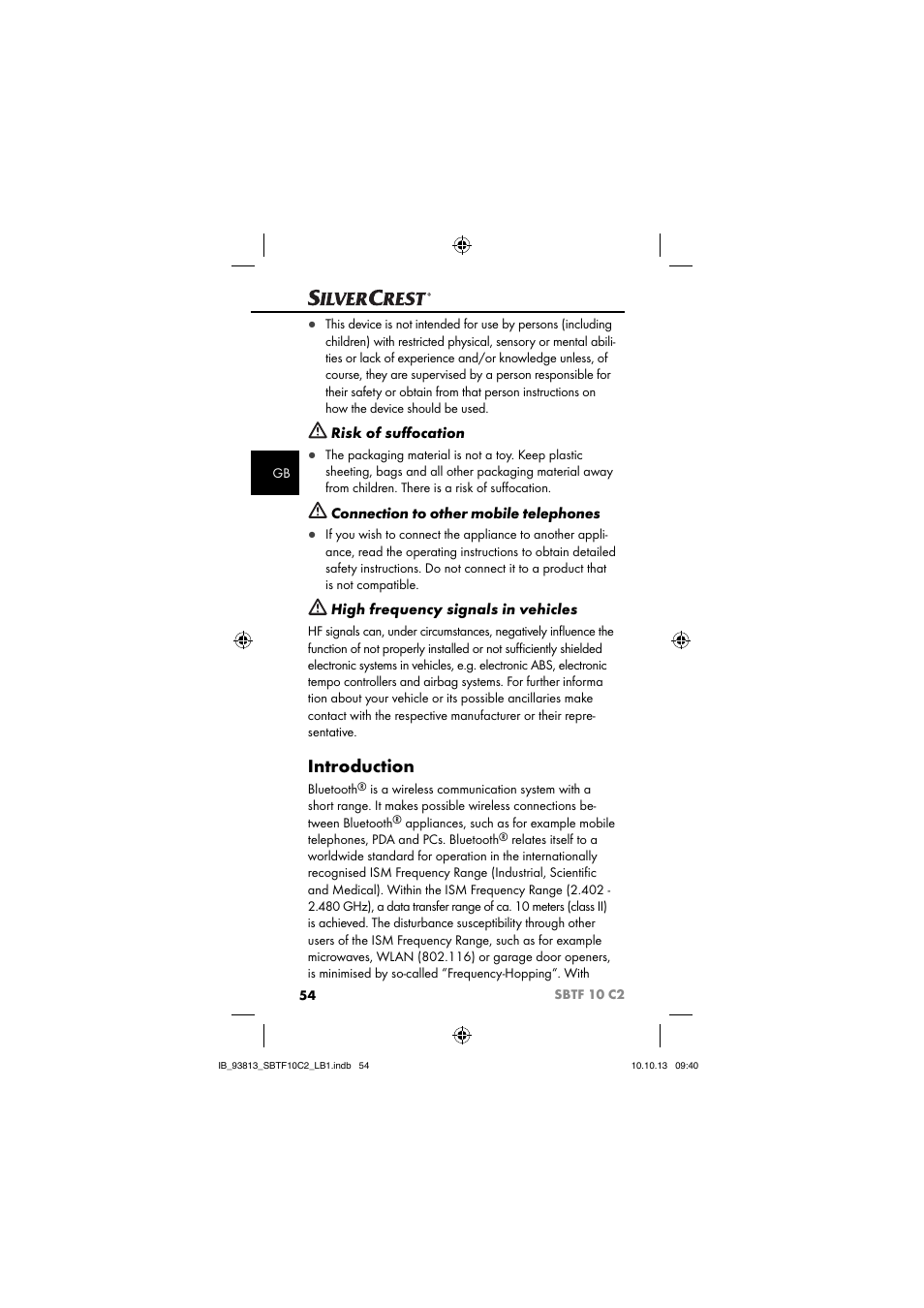 Introduction, Risk of suﬀ ocation, Connection to other mobile telephones | High frequency signals in vehicles | Silvercrest SBTF 10 C2 User Manual | Page 57 / 69