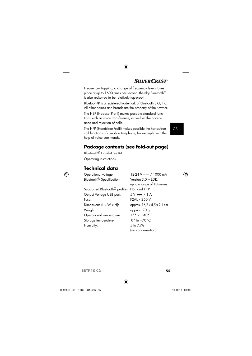 Package contents (see fold-out page), Technical data | Silvercrest SBTF 10 C2 User Manual | Page 58 / 69