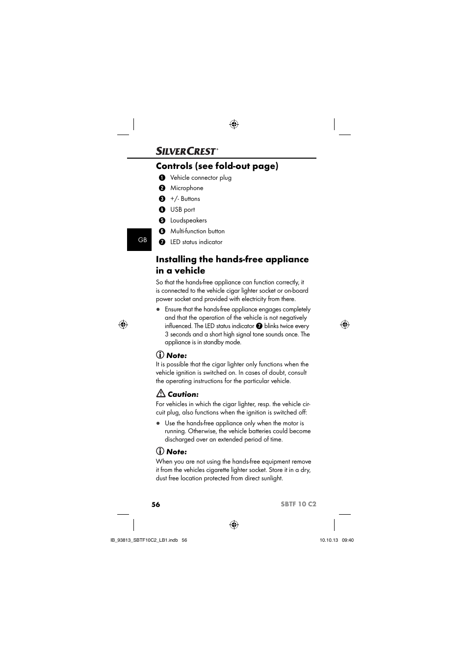 Controls (see fold-out page), Installing the hands-free appliance in a vehicle | Silvercrest SBTF 10 C2 User Manual | Page 59 / 69
