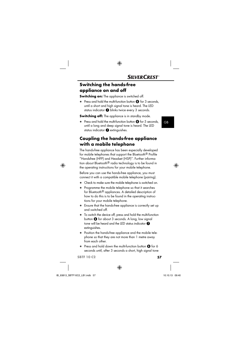 Switching the hands-free appliance on and oﬀ | Silvercrest SBTF 10 C2 User Manual | Page 60 / 69