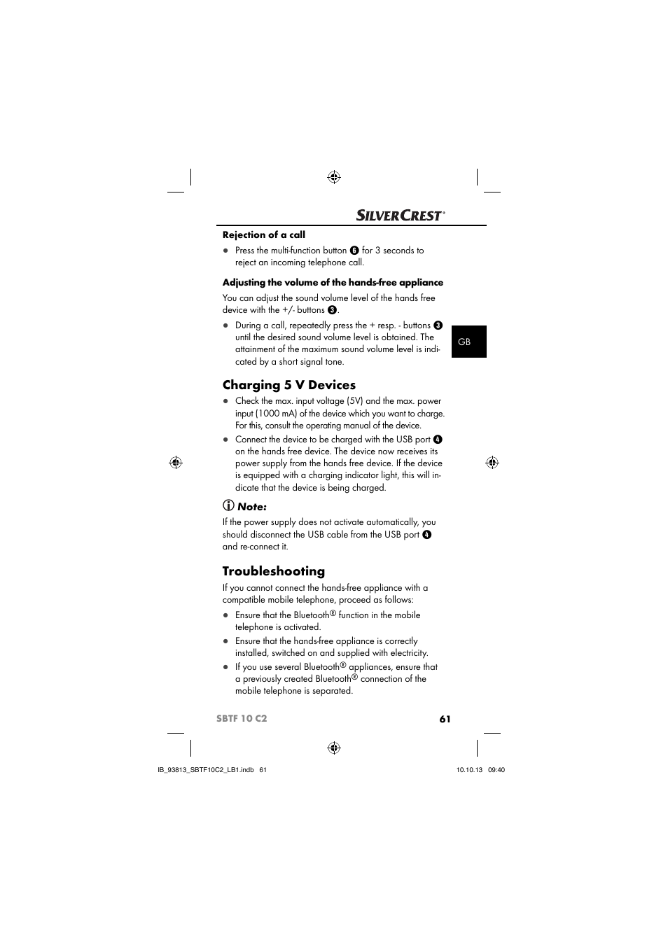 Charging 5 v devices, Troubleshooting | Silvercrest SBTF 10 C2 User Manual | Page 64 / 69