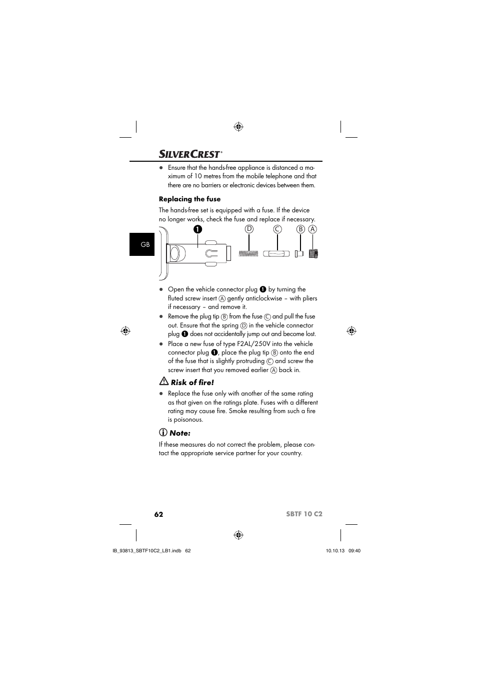 Risk of ﬁ re | Silvercrest SBTF 10 C2 User Manual | Page 65 / 69