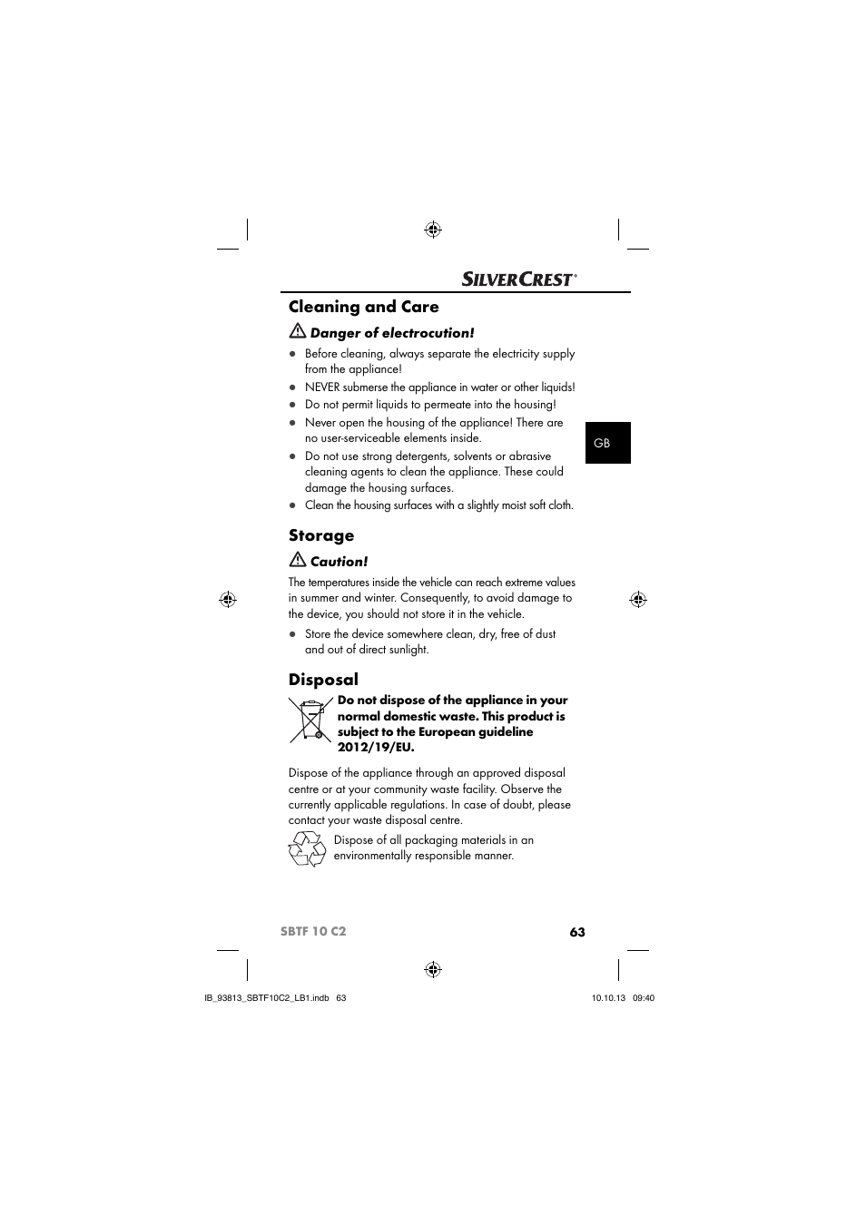 Cleaning and care, Storage, Disposal | Silvercrest SBTF 10 C2 User Manual | Page 66 / 69