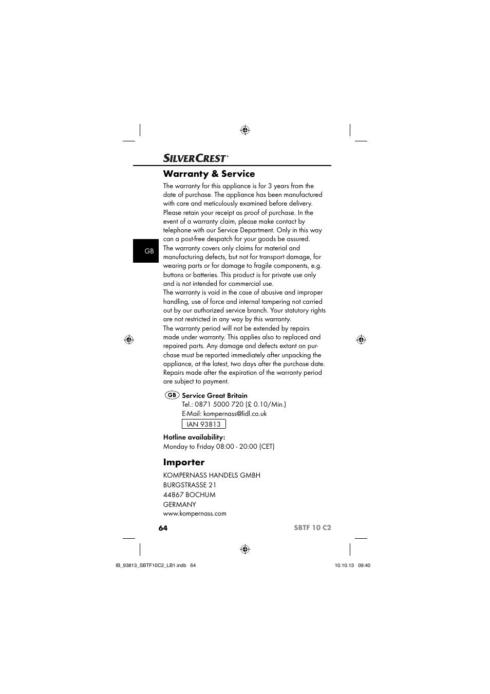 Warranty & service, Importer | Silvercrest SBTF 10 C2 User Manual | Page 67 / 69