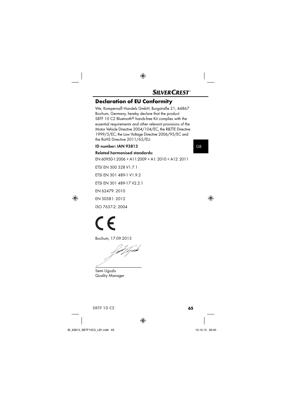 Declaration of eu conformity | Silvercrest SBTF 10 C2 User Manual | Page 68 / 69