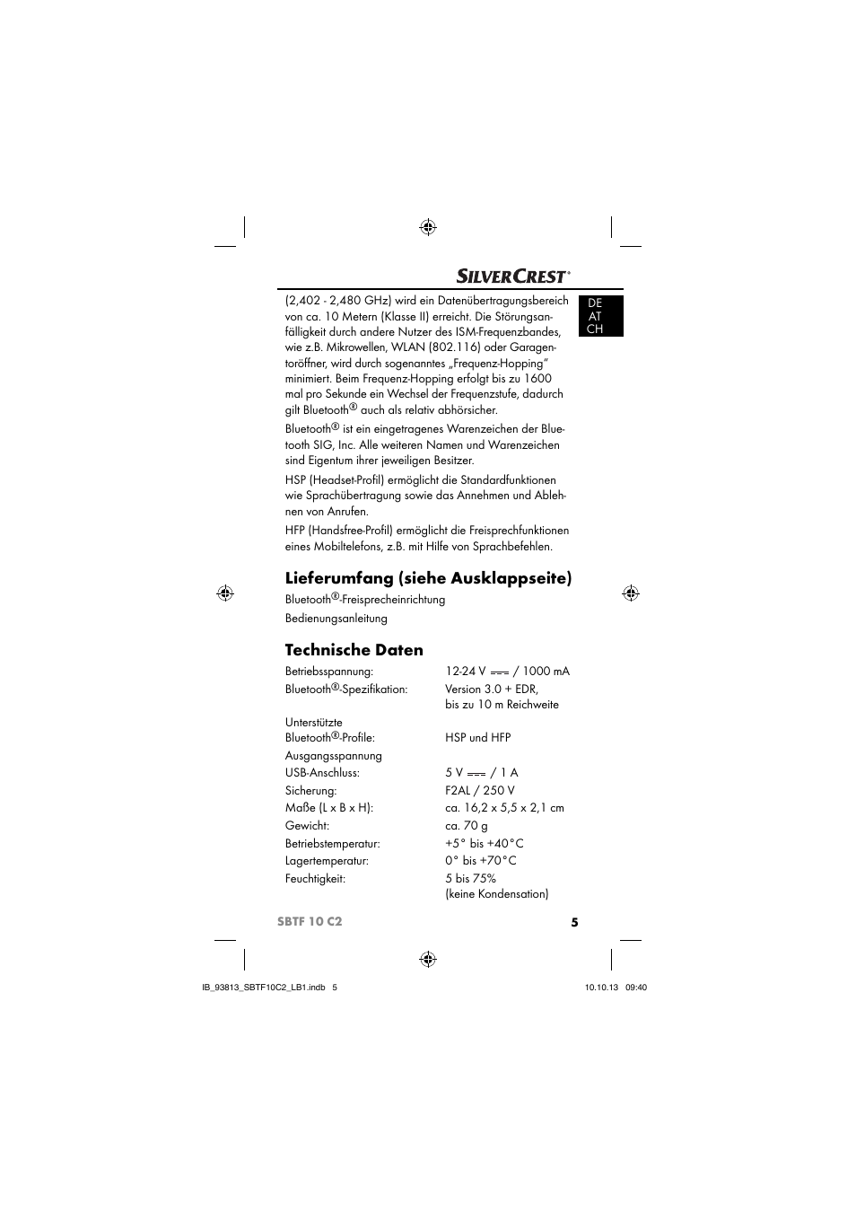Lieferumfang (siehe ausklappseite), Technische daten | Silvercrest SBTF 10 C2 User Manual | Page 8 / 69