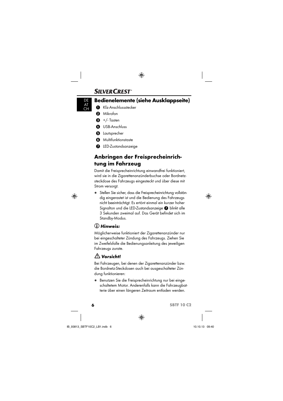 Bedienelemente (siehe ausklappseite), Anbringen der freisprecheinrich- tung im fahrzeug | Silvercrest SBTF 10 C2 User Manual | Page 9 / 69