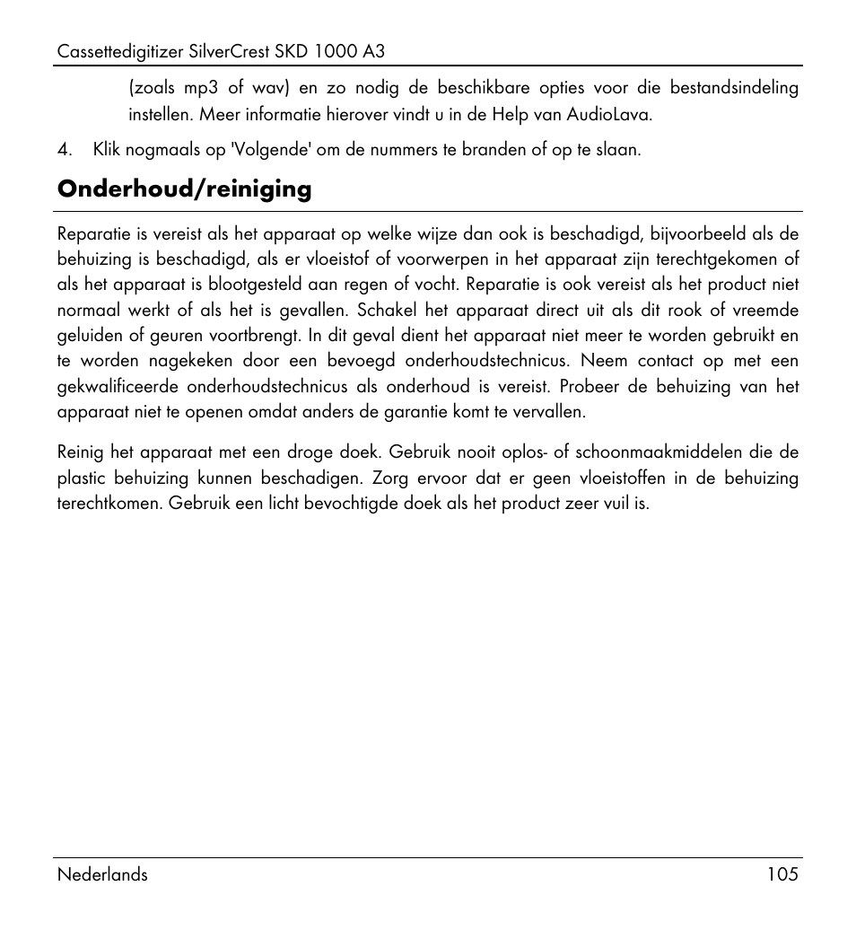 Onderhoud/reiniging | Silvercrest SKD 1000 A3 User Manual | Page 107 / 140