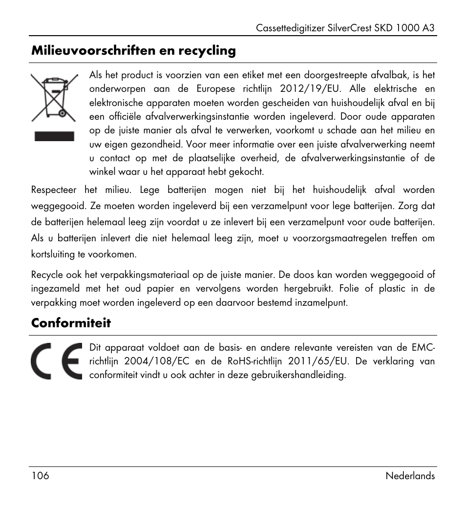 Milieuvoorschriften en recycling, Conformiteit | Silvercrest SKD 1000 A3 User Manual | Page 108 / 140