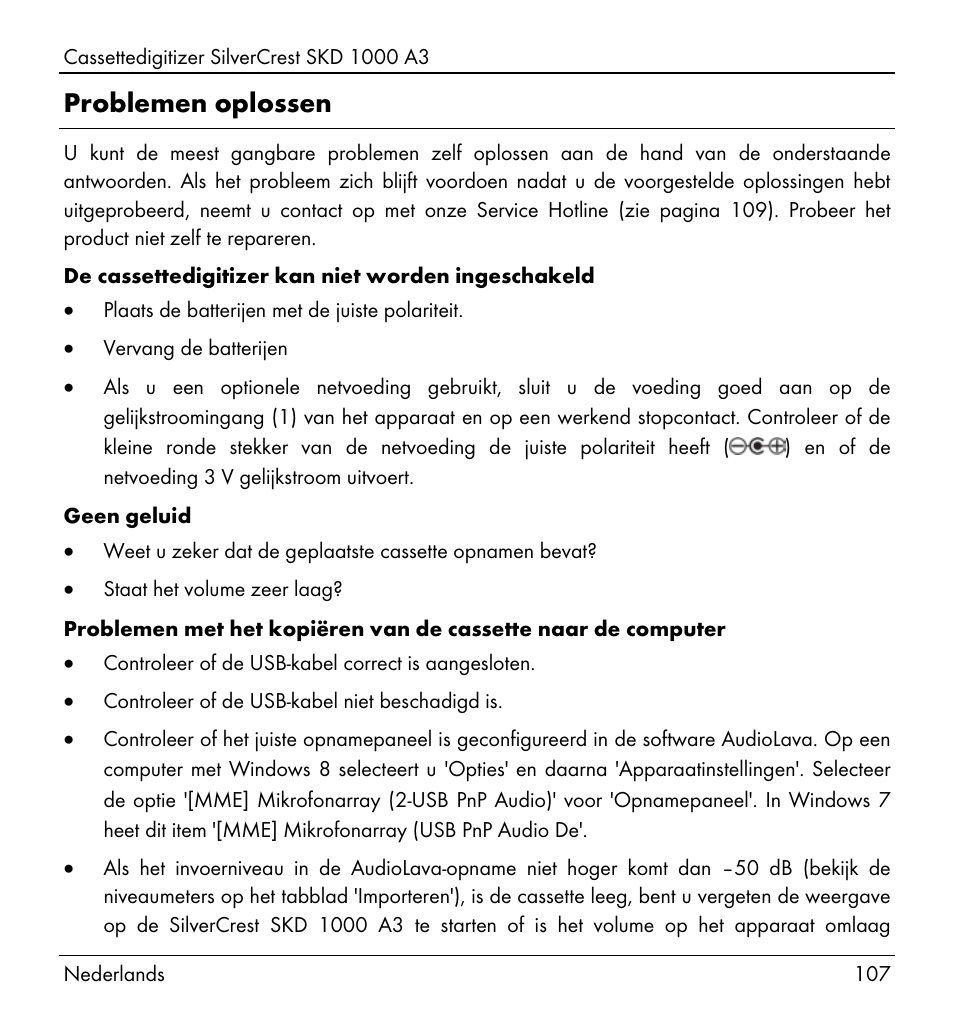 Problemen oplossen | Silvercrest SKD 1000 A3 User Manual | Page 109 / 140